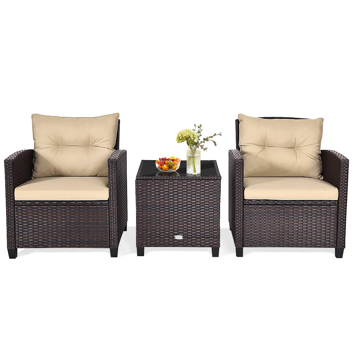 Alt View 3. Gymax - Gymax 3PCS Outdoor Patio Rattan Conversation Set w/ Cushion Coffee Table - Mix Brown.