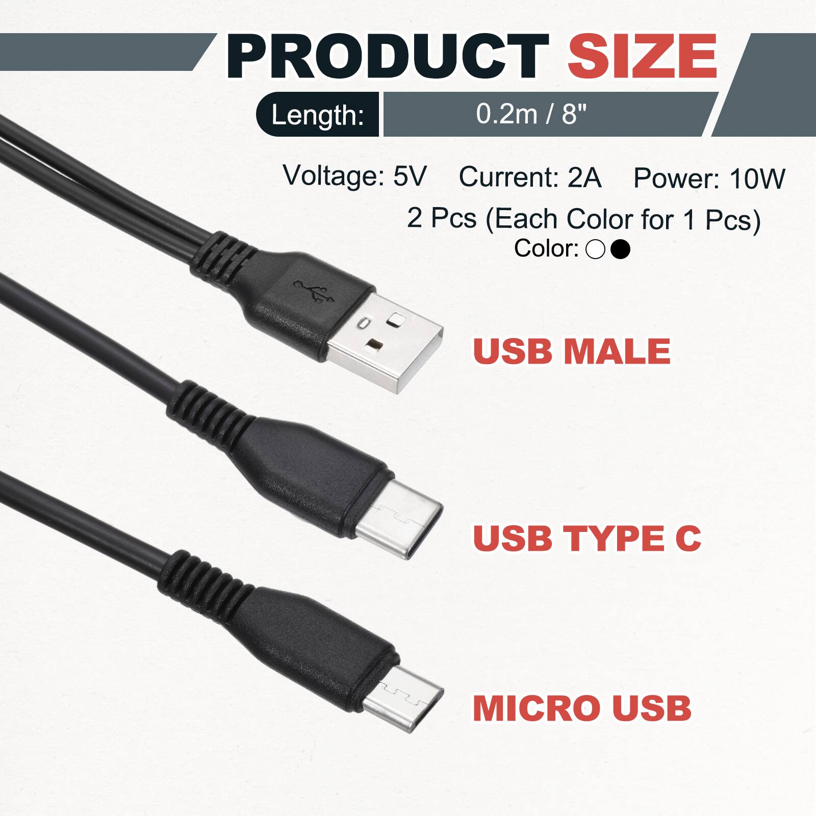 PRODUCT SIZE

Length: 0.2m / 8"

Voltage: 5V
Current: 2A
Power: 10W

2 Pcs (Each Color for 1 Pcs)

Color: USB MALE USB TYPE C MICRO USB