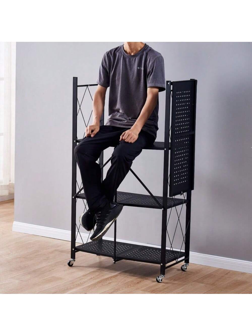 Alt View 4. GARVEE - 5-Tier Metal Storage Shelving Unit, Foldable Storage Rack With Wheels, Heavy Duty Utility Layer Shelf Rack Organizer - Black.