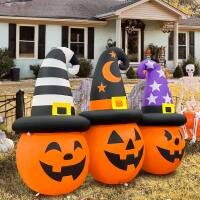 Left. GOOSH Inflatables - GOOSH 6FT Inflatable Trio of Pumpkins with Witch Hats – Light-Up Halloween Yard Decoration - Orange.