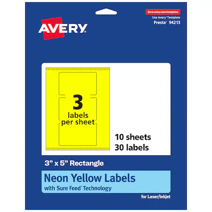 Go to avery.com/templates
Use Avery Template Presta® 94213
3 labels per sheet
10 sheets
30 labels
3" x 5" Rectangle
Neon Yellow Labels
with Sure Feed® Technology
for Laser/Inkjet