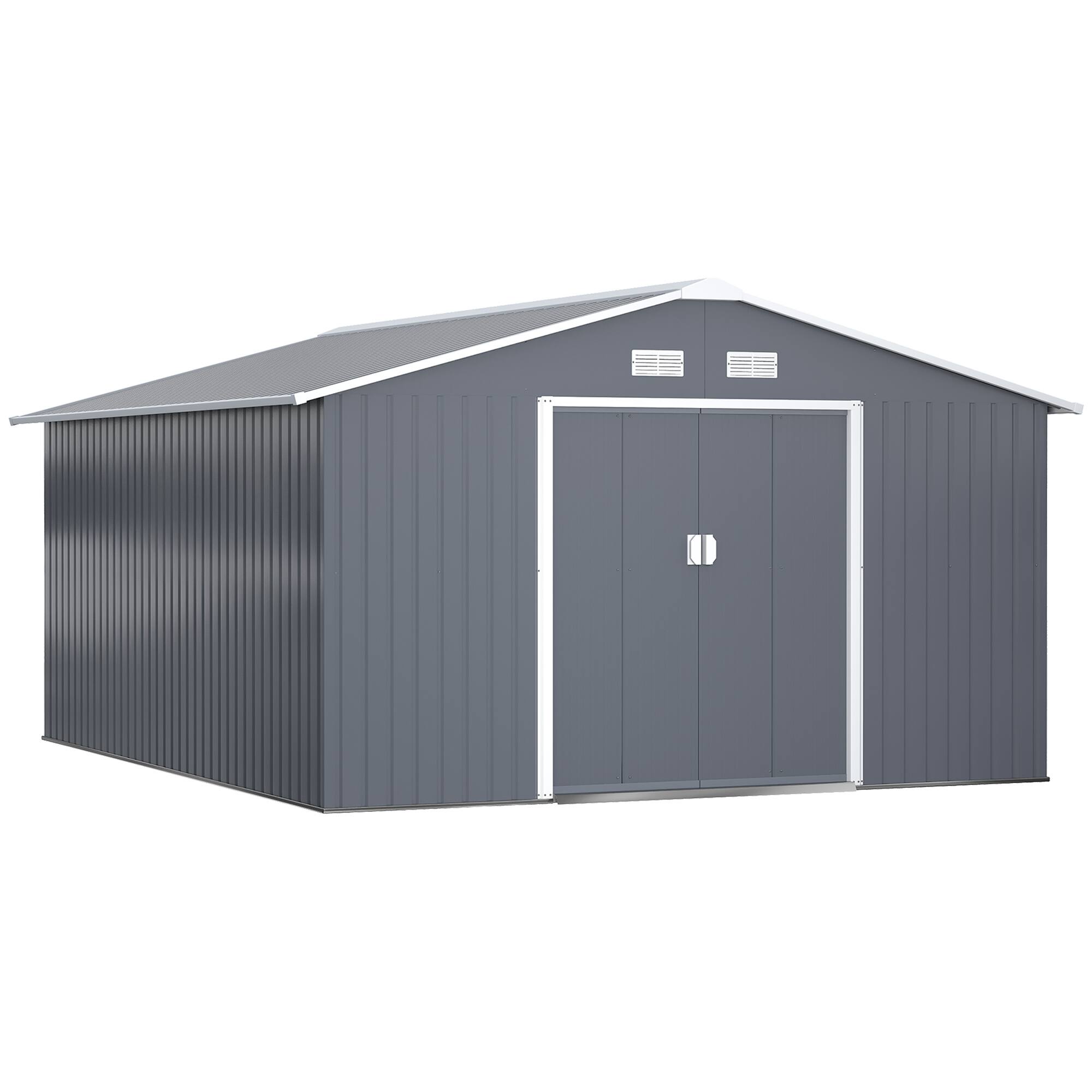 Outsunny - 11' x 13' Outdoor Storage Shed, Garden Tool Metal Shed with Foundation Kit, Double Lockable Door