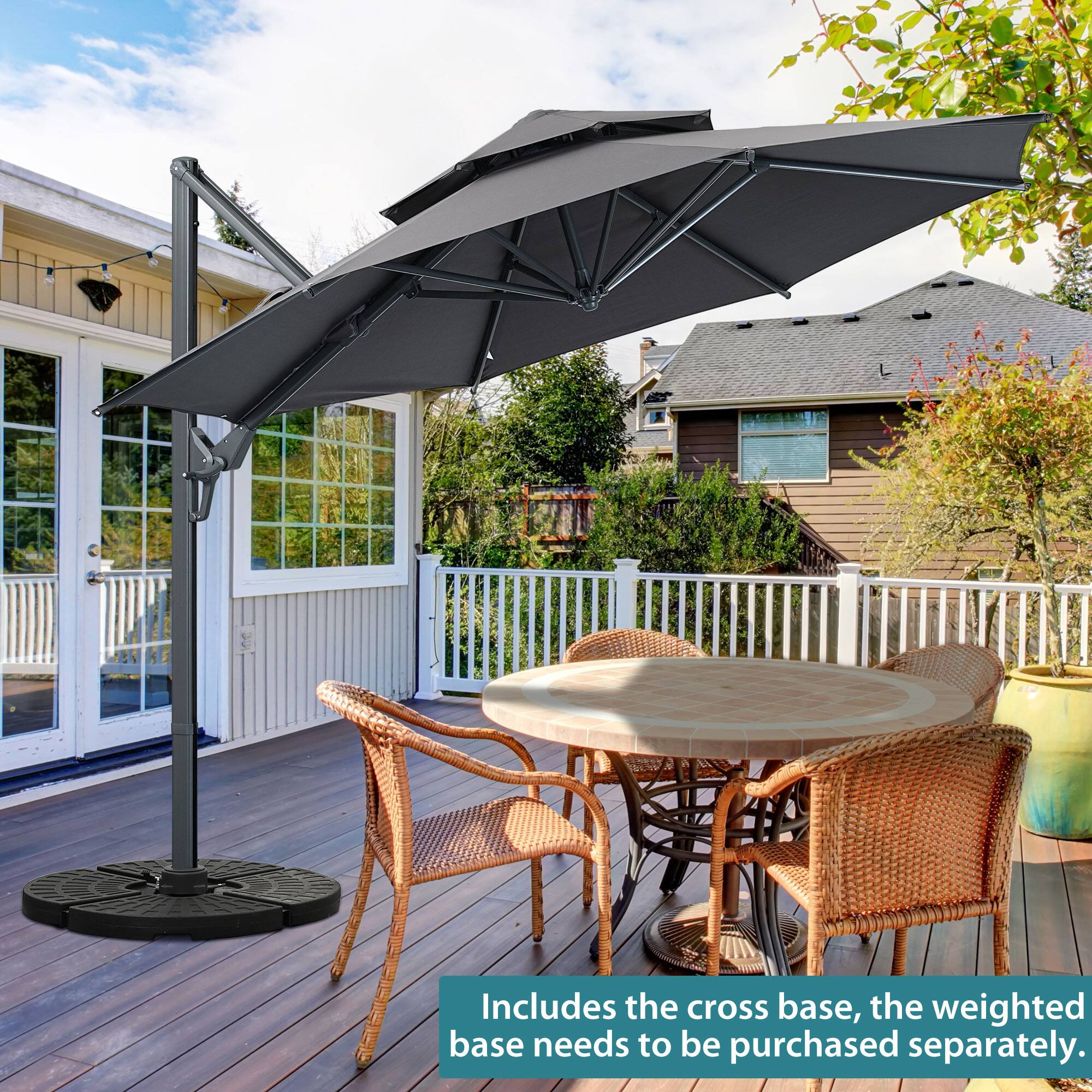 Includes the cross base, the weighted base needs to be purchased separately.