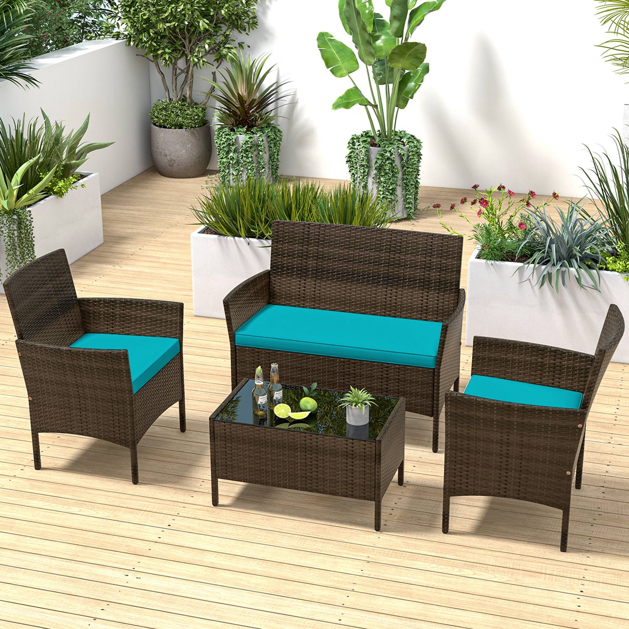Alt View 1. Costway - 4 PCS Patio Furniture Set with Washable Cushions and Tempered Glass Coffee Table - Mix Brown + Turquoise.