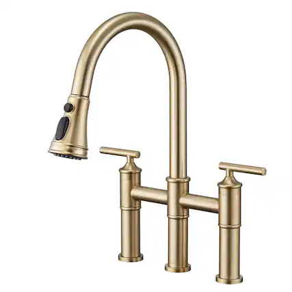 Front. Boyel Living - Double Handle Bridge Pull-Down Kitchen Faucet with 3-Spray Patterns and 360 Degrees Rotation Spout - Brushed Gold.
