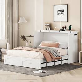 Tiramisubest - Queen Size White Murphy Wall Bed, Solid Wood+MDF, Pulley, Drawer & Sockets/USB, Space-Saving - White