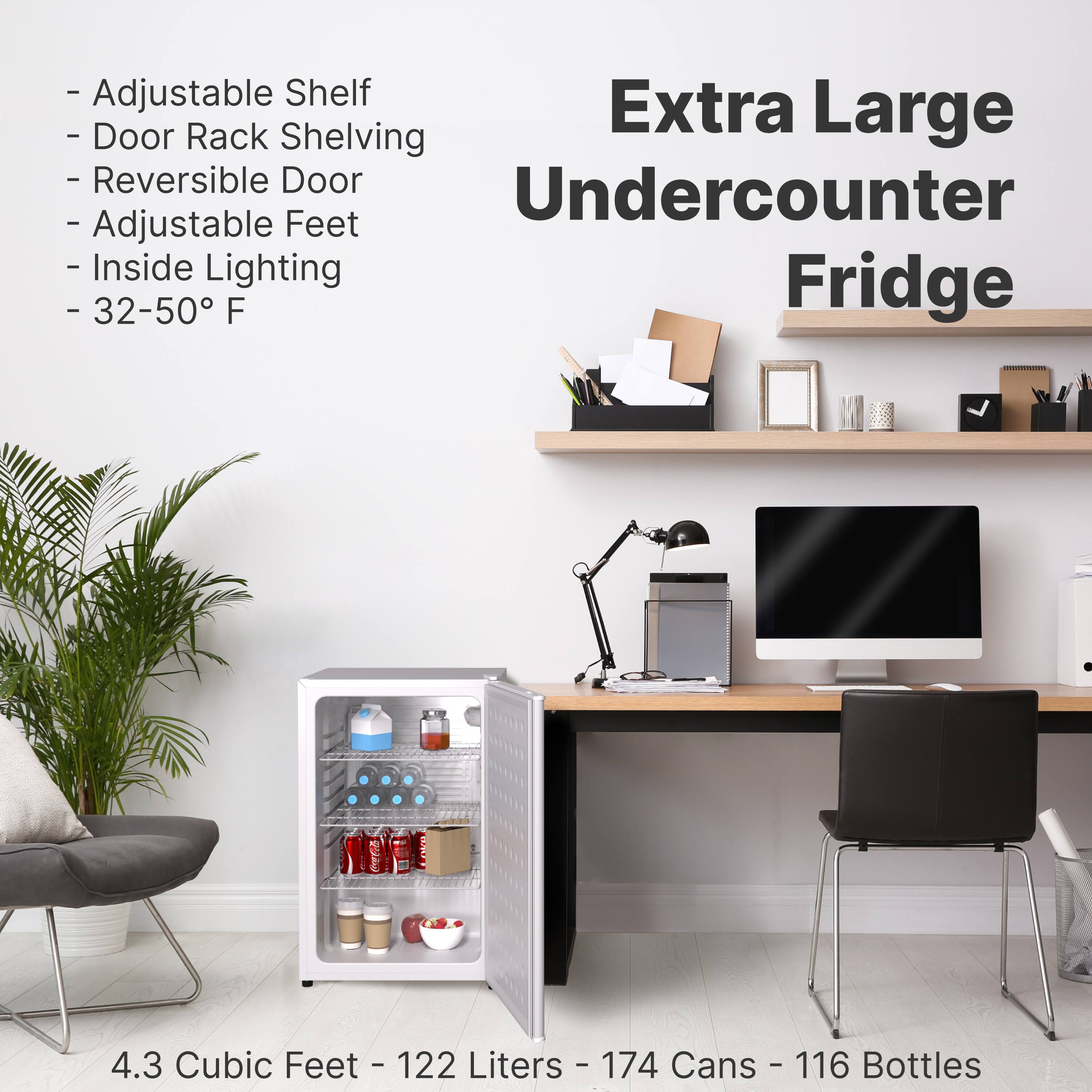 - Adjustable Shelf
- Door Rack Shelving
- Reversible Door
- Adjustable Feet
- Inside Lighting
- 32-50°F

Extra Large Undercounter Fridge

4.3 Cubic Feet - 122 Liters - 174 Cans - 116 Bottles