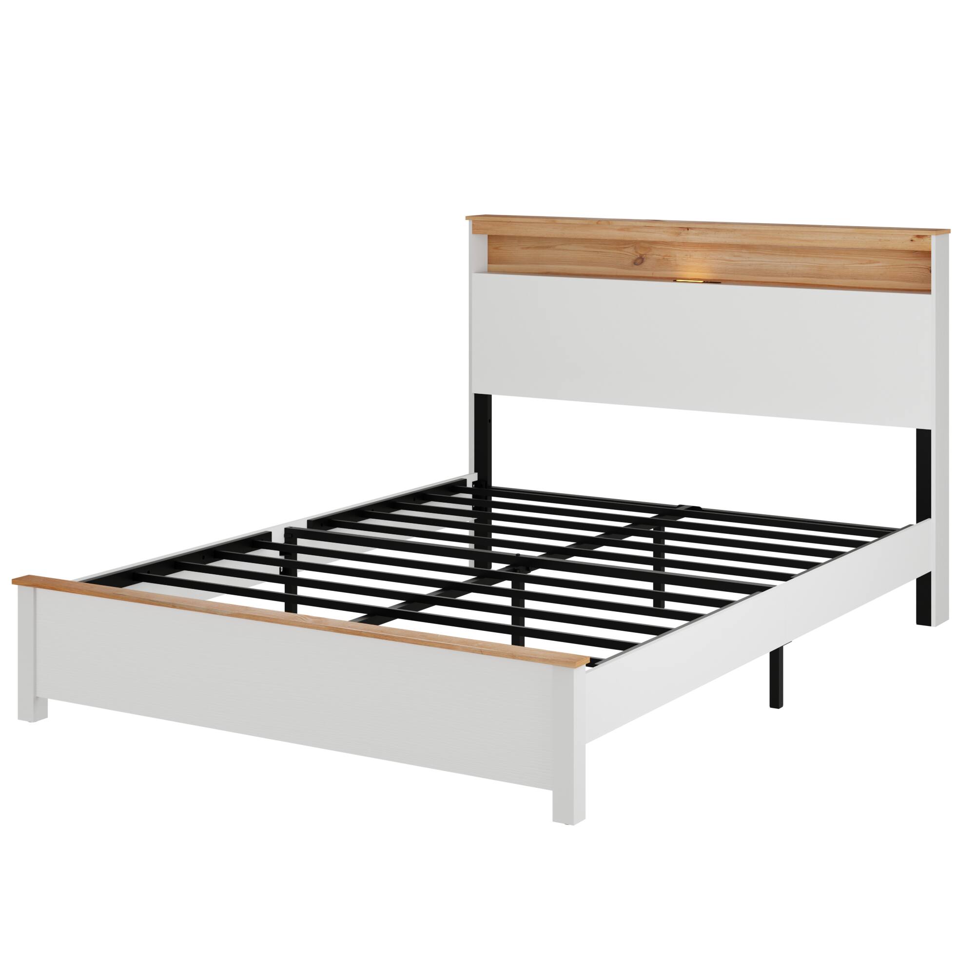 Left. LUCKY ONE - Queen Size Bed Frame With Storage Headboard and Built-in Charging Station - Antique White.