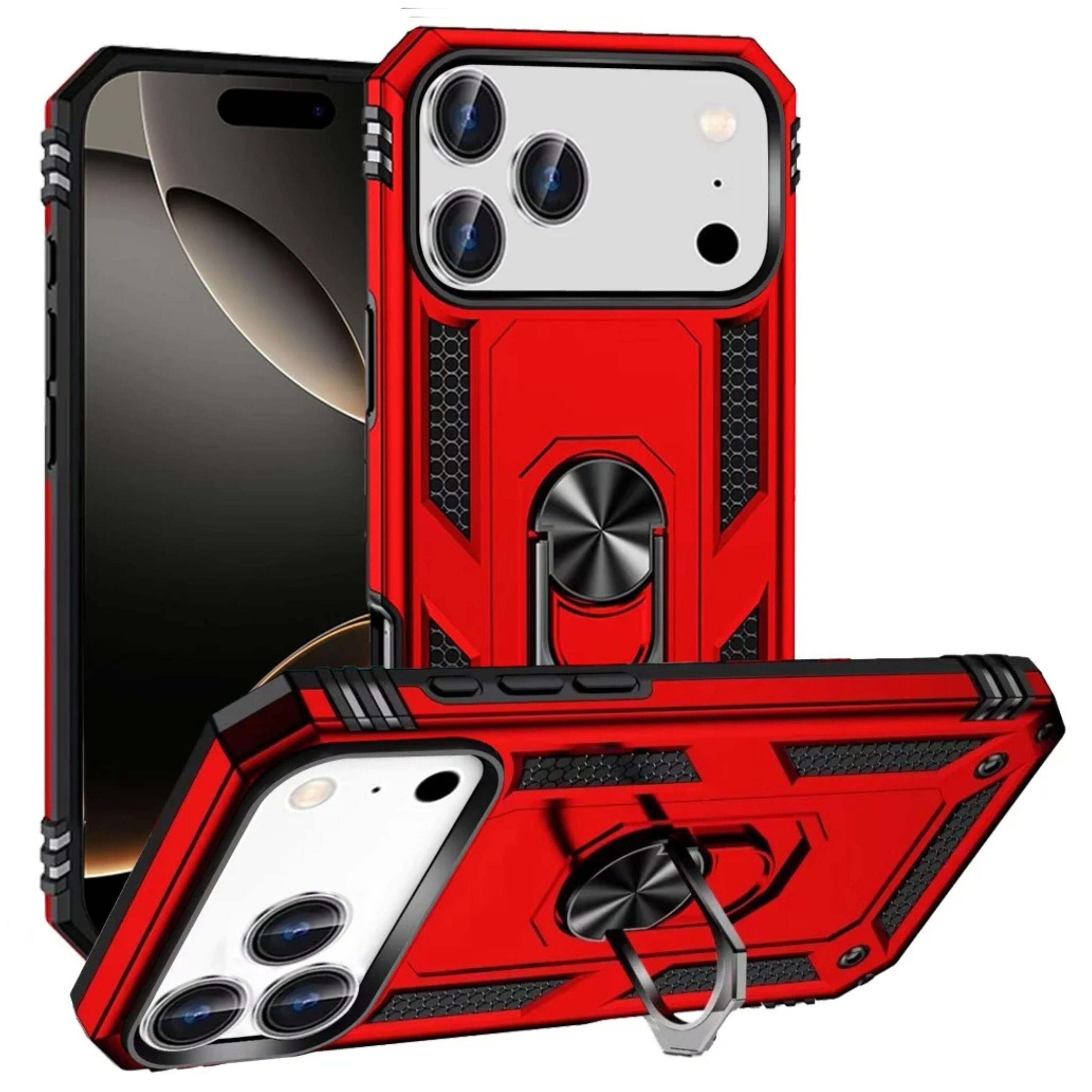 Front. Kitcheniva - Magnetic Metal Ring Stand Protective Cover With Tempered Glass For iPhone 17 Pro Max Red - Red.