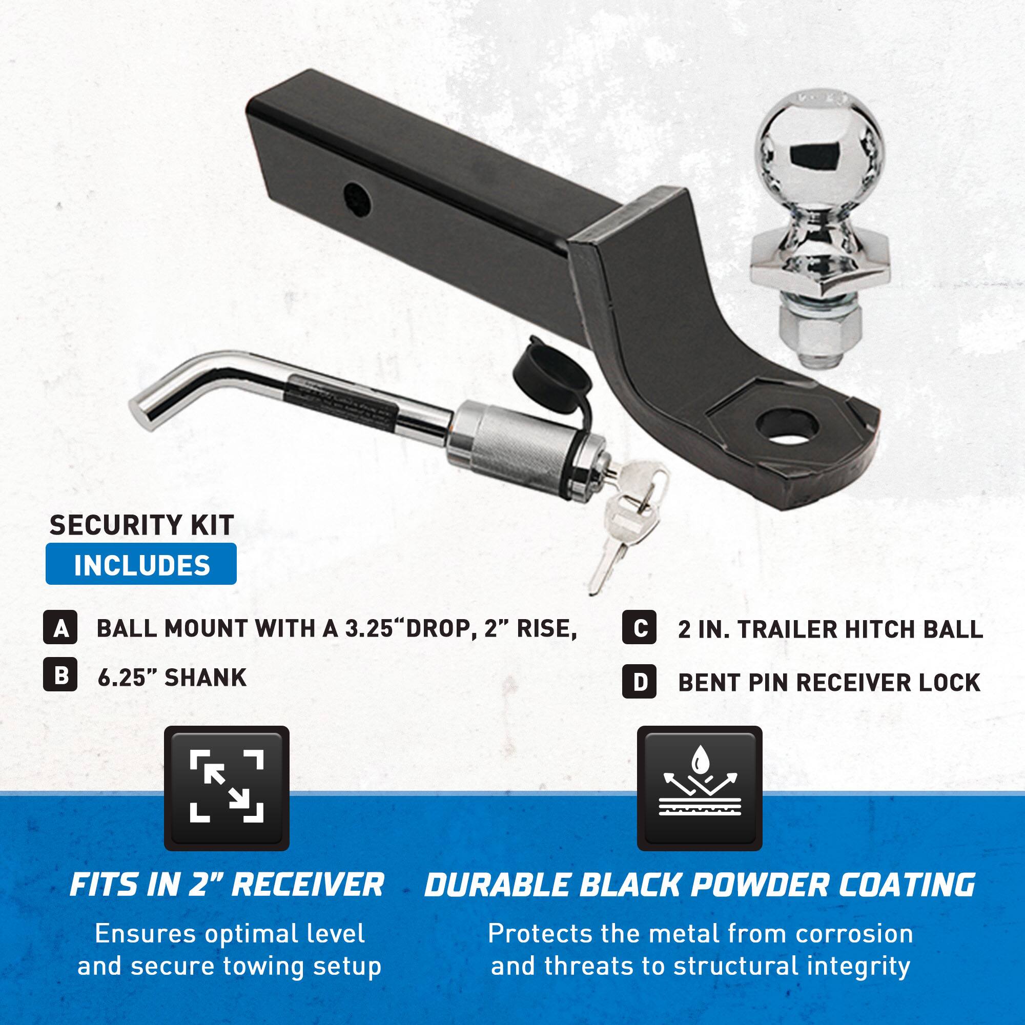 SECURITY KIT INCLUDES

A. BALL MOUNT WITH A 3.25" DROP, 2" RISE, 6.25" SHANK  
B. 2 IN. TRAILER HITCH BALL  
C. BENT PIN RECEIVER LOCK  

FITS IN 2" RECEIVER  
Ensures optimal level and secure towing setup  

DURABLE BLACK POWDER COATING  
Protects the metal from corrosion and threats to structural integrity