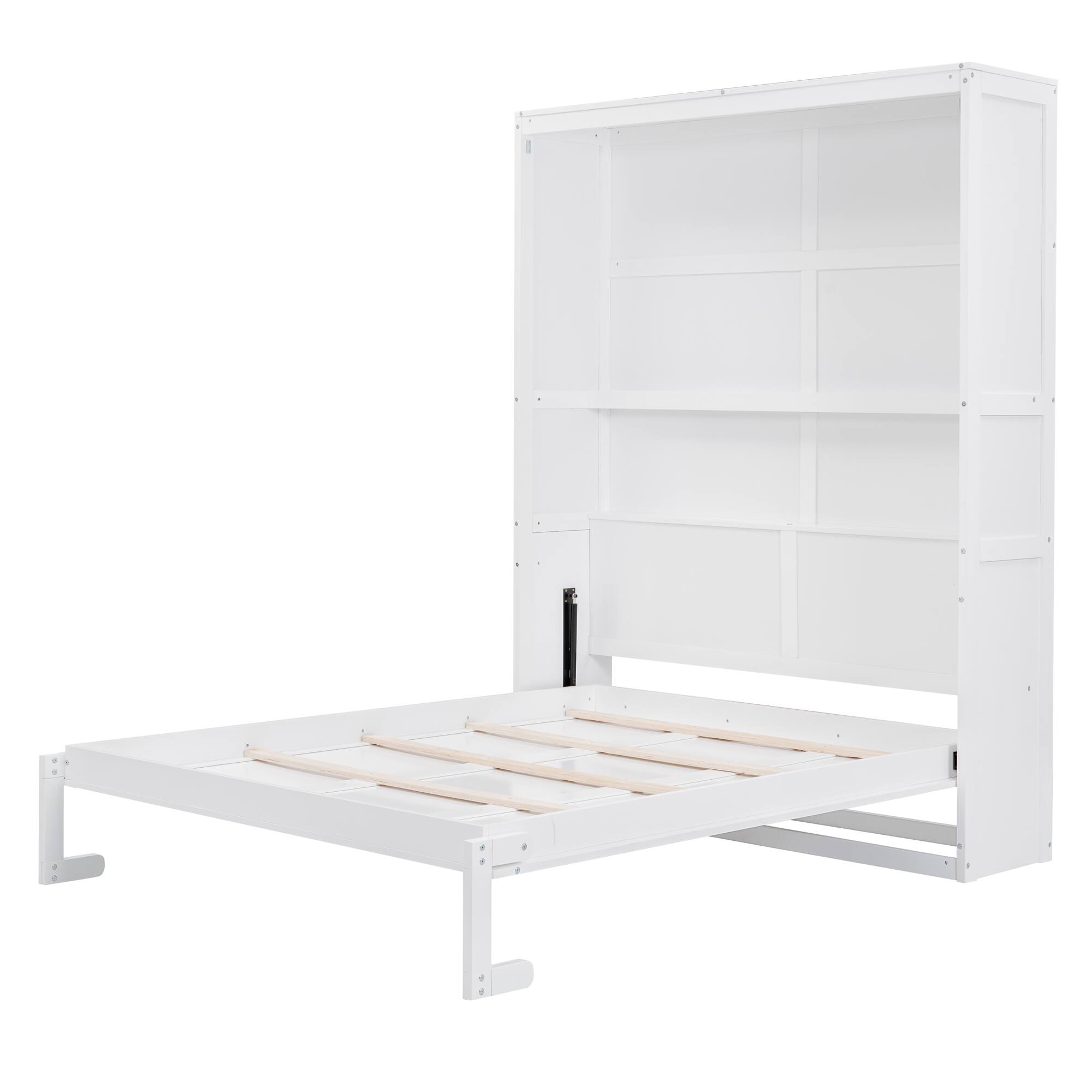 Alt View 2. Tiramisubest - Queen Size White Solid Wood + MDF Murphy Wall Bed with Shelves, Space-Saving & Comfortable - White.
