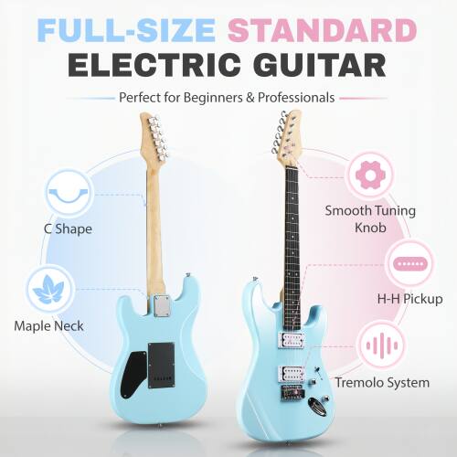 FULL-SIZE STANDARD ELECTRIC GUITAR  
Perfect for Beginners & Professionals  
- Smooth Tuning Knob  
- H-H Pickup  
- Maple Neck  
- Tremolo System