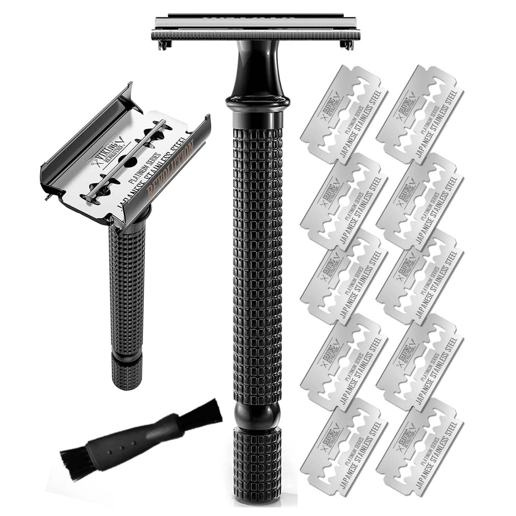 Dazzed Corner - Long Handle Double Edge Safety Razor, Butterfly Open, 10 Blades, 12-Piece Set - Black