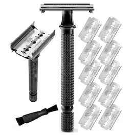 Dazzed Corner - Long Handle Double Edge Safety Razor, Butterfly Open, 10 Blades, 12-Piece Set - Black