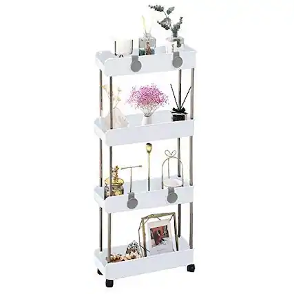 Front. Hirose Alice - 3-tier Slim Mobile Shelving Unit On Wheels Slide Out Rolling Storage Organizer Utility Carts Shelf Rack For Laundry - White - 4 Tier.