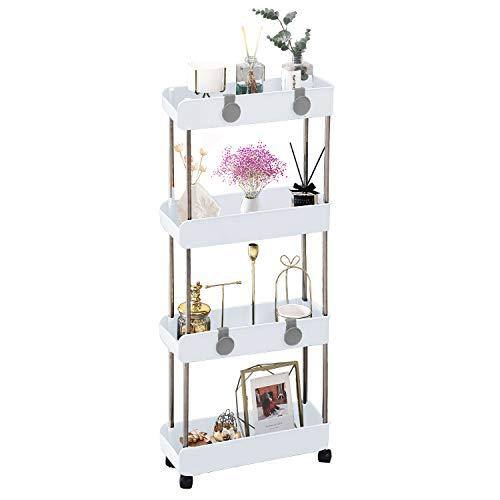 Front. Hirose Alice - 3-tier Slim Mobile Shelving Unit On Wheels Slide Out Rolling Storage Organizer Utility Carts Shelf Rack For Laundry - White - 4 Tier.