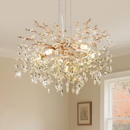 Loheer - Modern Gold Tree Branch Crystal Chandelier, 23.6 Inch Six Light Pendant for Dining Room