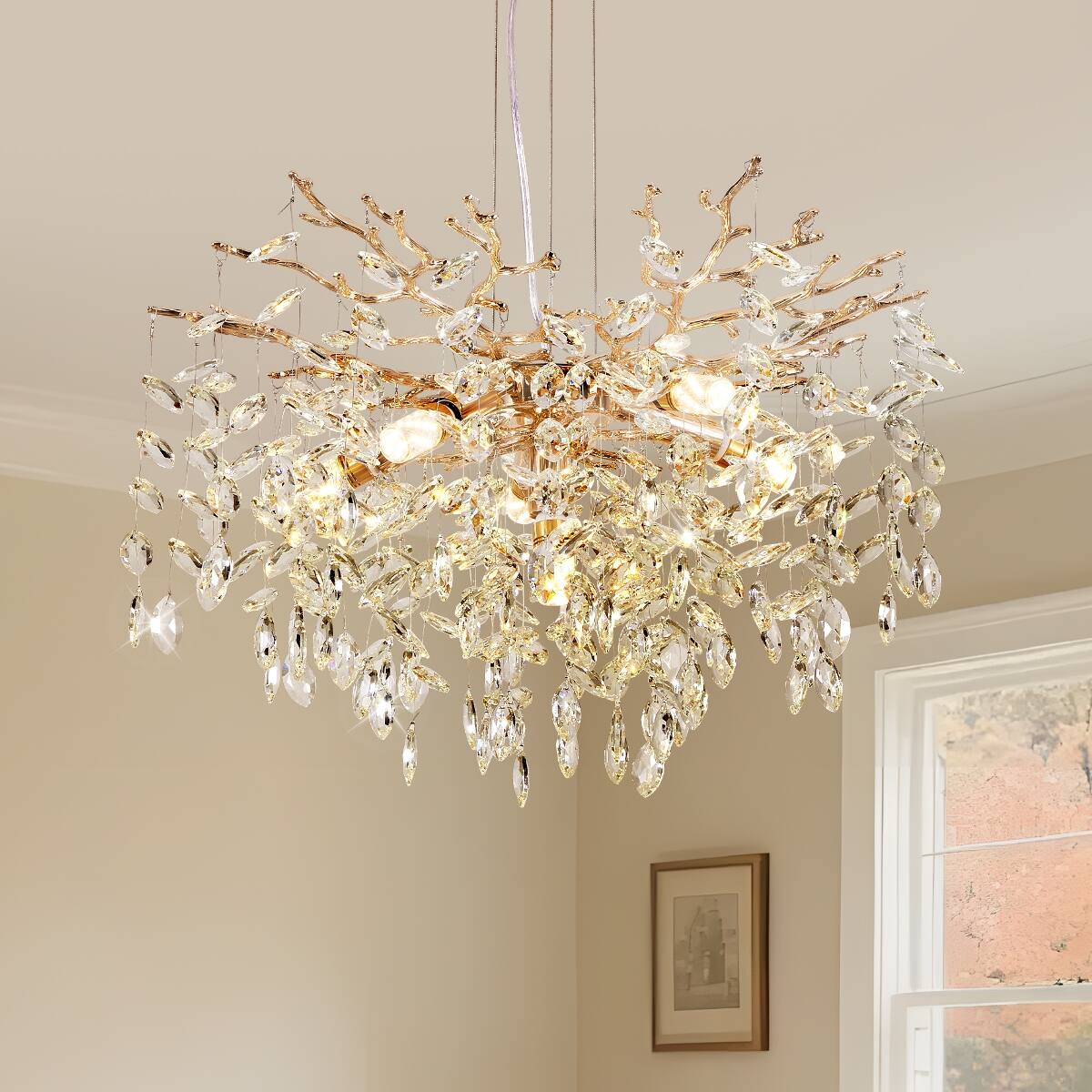Front. Loheer - Loheer Modern Gold Tree Branch Crystal Chandelier, 23.6 Inch Six Light Pendant for Dining Room.