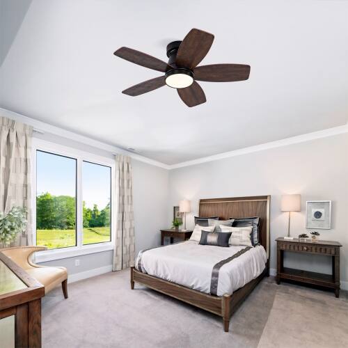 Alt View 6. LUCKY ONE - 32" Low Profile Ceiling Fan with Light Remote Flush Mount 6-Speed - Black + Dark Walnut.