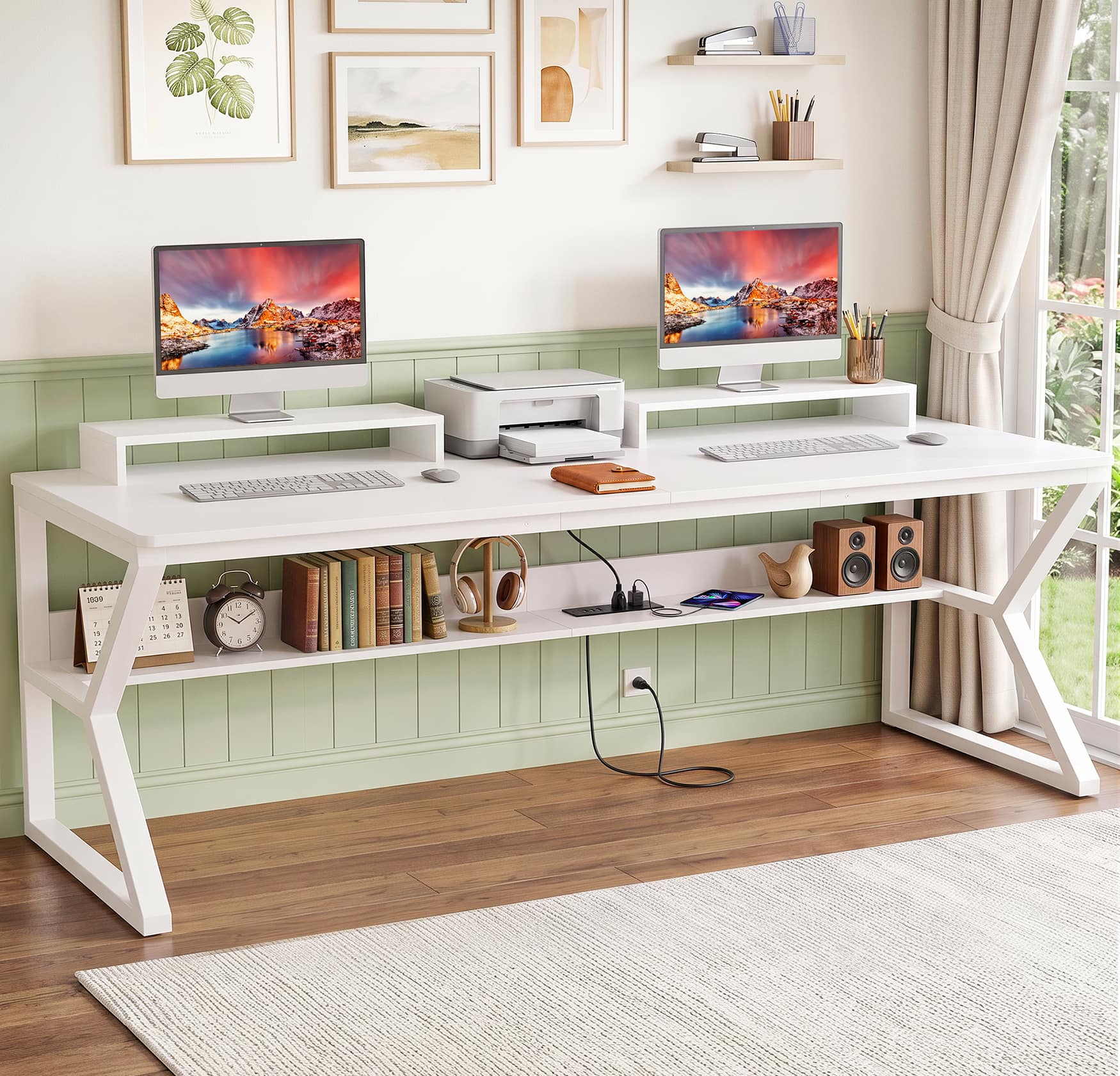 Aheaplus - 71 Inch Extra Long Computer Desk with Charging Station, Large Workstation for Home & Office - White