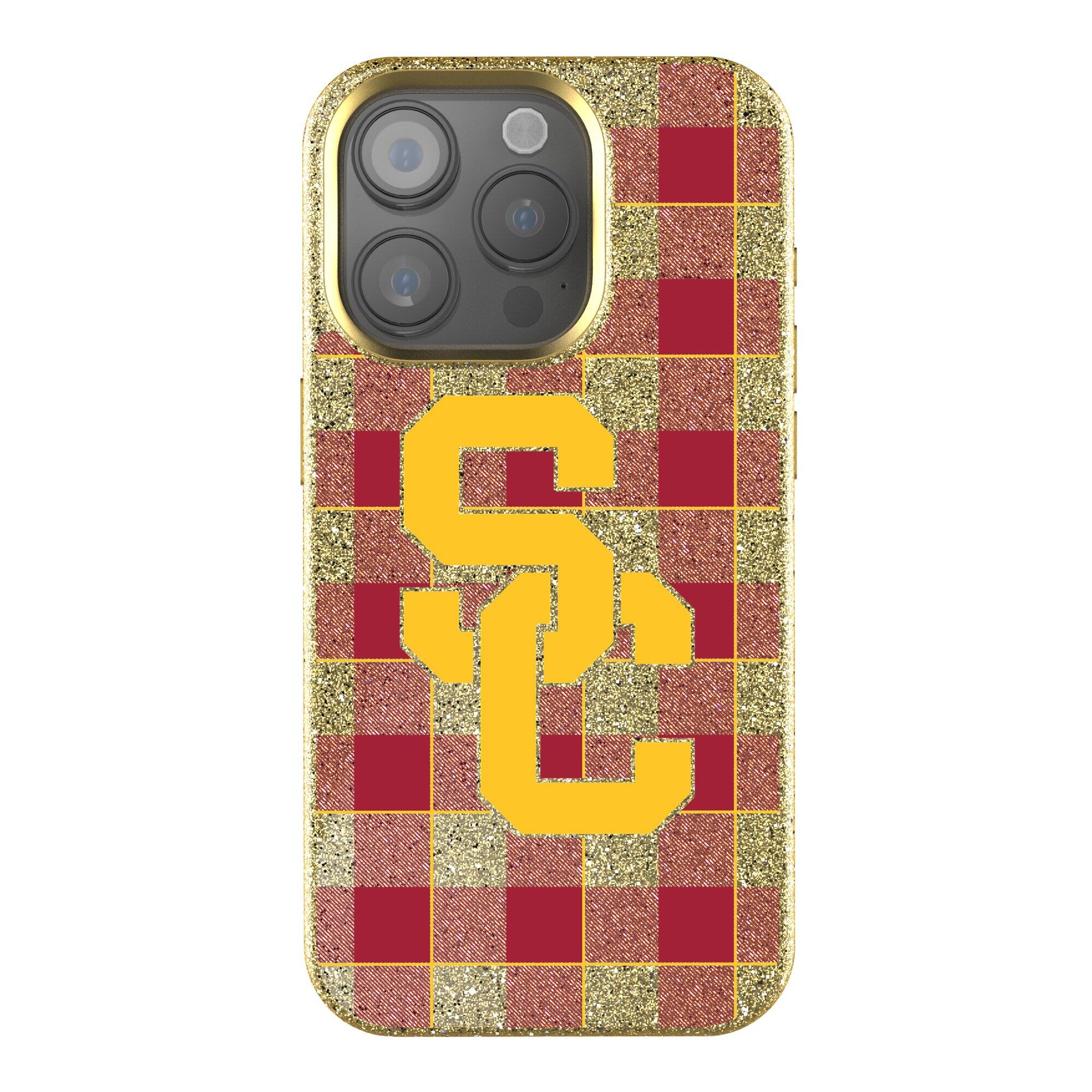 Keyscaper - NCAA - USC Trojans Plaid Bling iPhone Case - 15 Pro - Gold