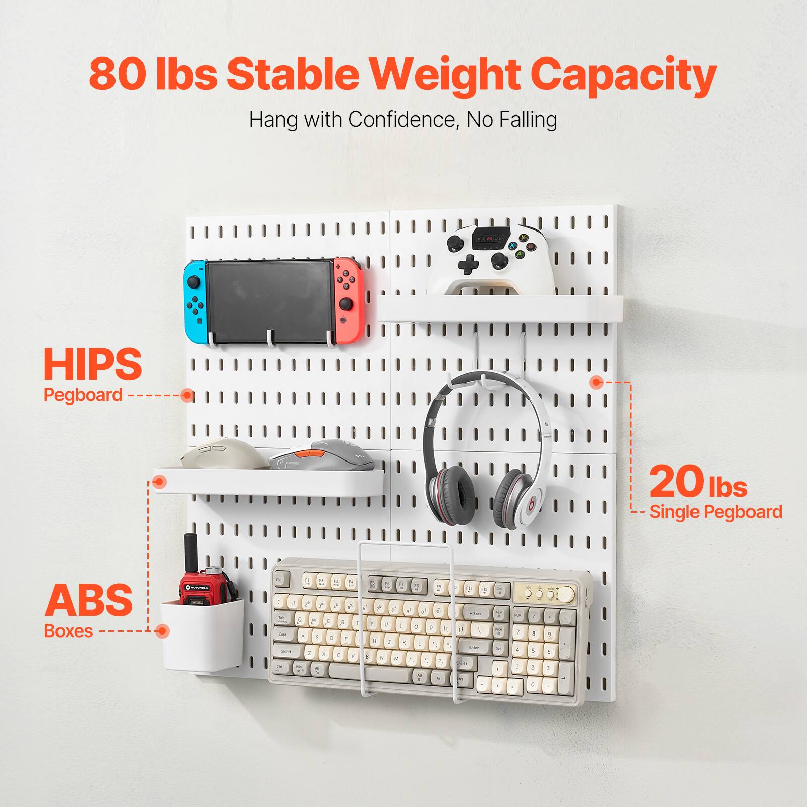 80 lbs Stable Weight Capacity  
Hang with Confidence, No Falling  

HIPS Pegboard  
ABS Boxes  

20 lbs Single Pegboard