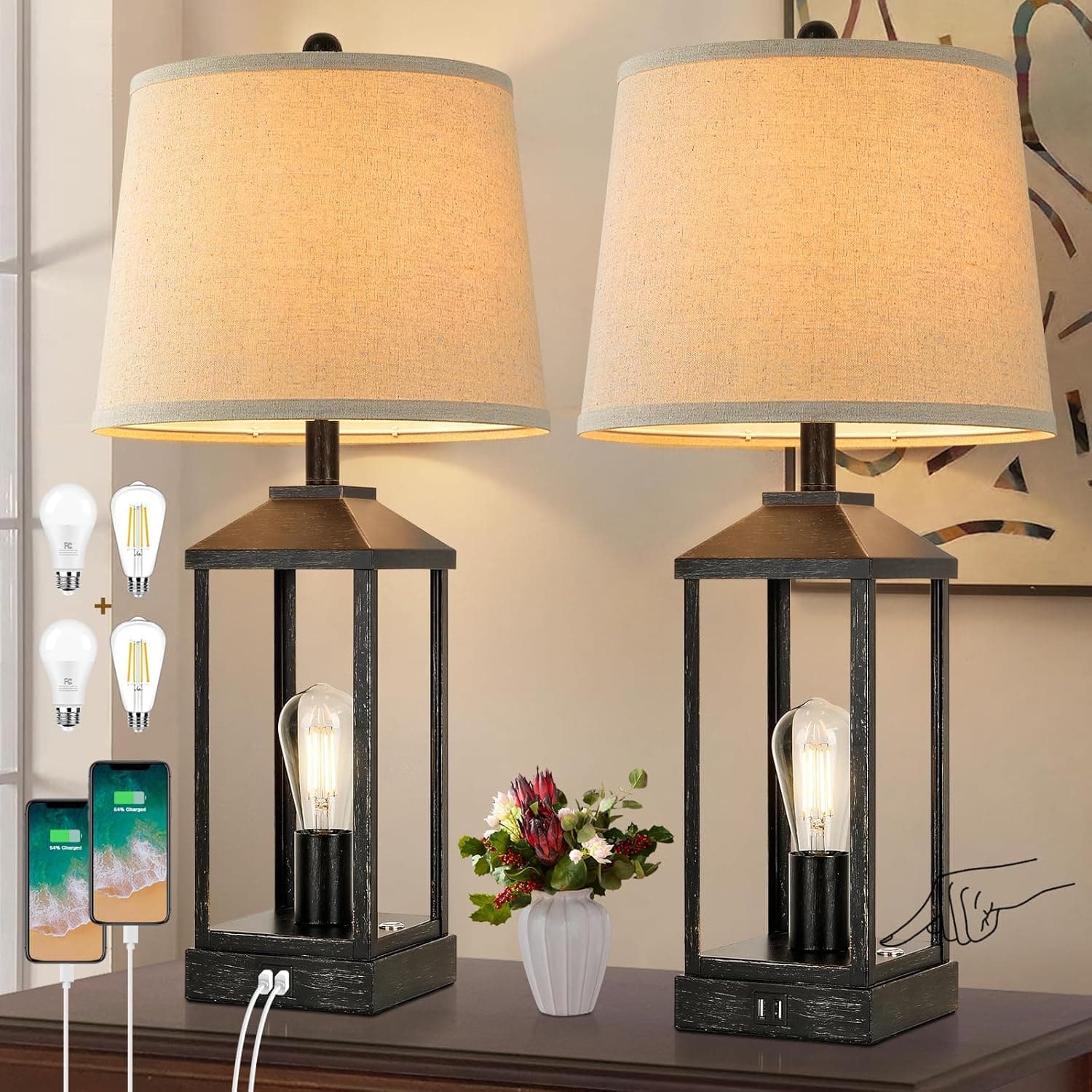 Nordic Hygge - 28" Farmhouse Table Lamps Set of 2, Bedside lamp with USB Charging Ports, 3-Way Dimmable Touch Control - Black