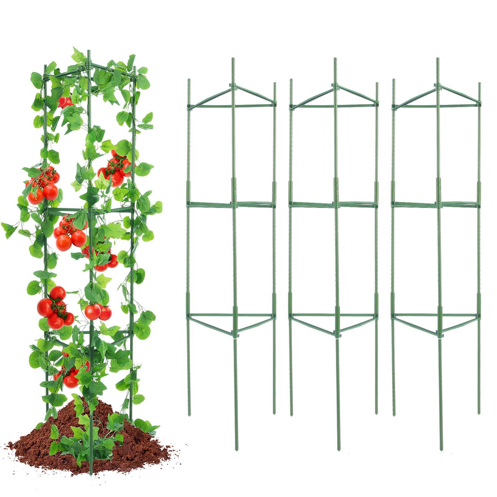 Front. VEVOR - 6 Packs Tomato Cages for Garden, 48 inch Tomato Trellis Plant Stakes Support, Stackable Tall Plant Support Cage - Green.