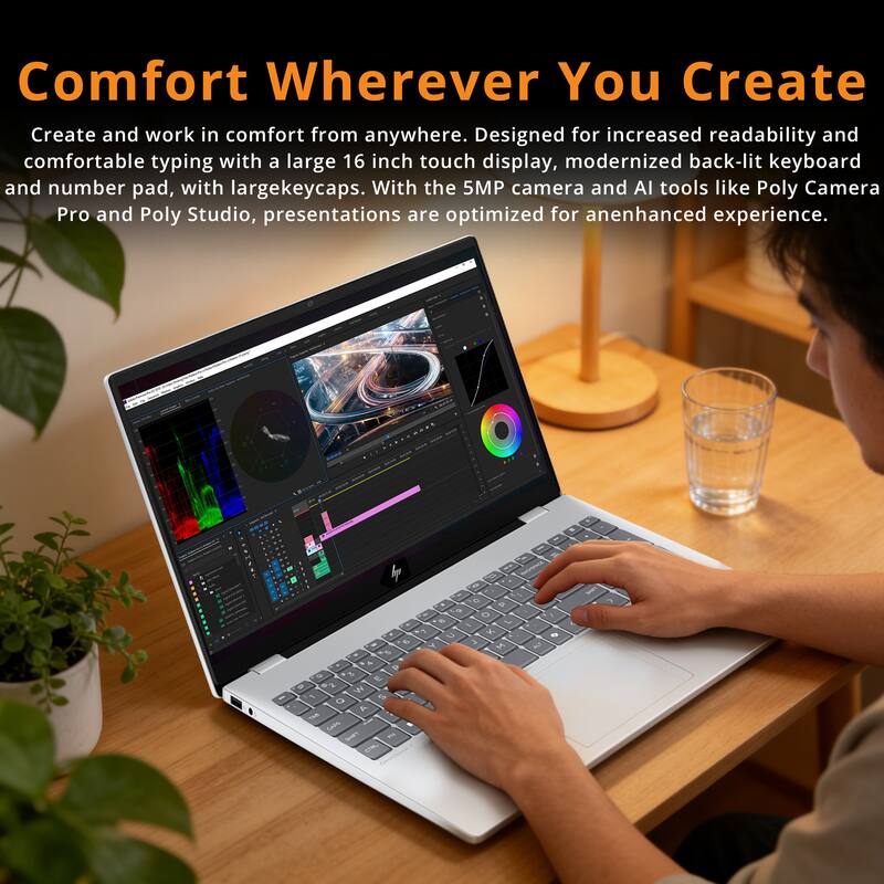 Comfort Wherever You Create

Create and work in comfort from anywhere. Designed for increased readability and comfortable typing with a large 16 inch touch display, modernized back-lit keyboard and number pad, with large keycaps. With the 5MP camera and AI tools like Poly Camera Pro and Poly Studio, presentations are optimized for an enhanced experience.