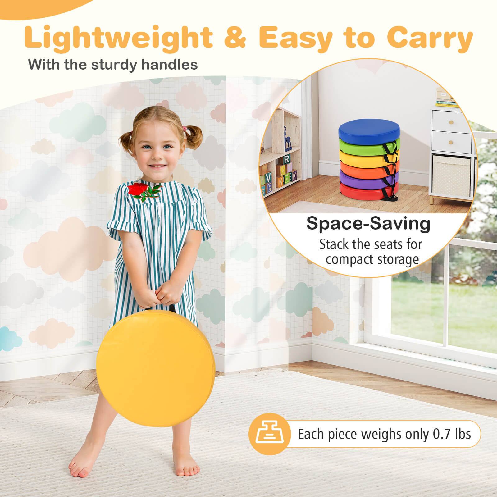 Lightweight & Easy to Carry  
With the sturdy handles  

Space-Saving  
Stack the seats for compact storage  

Each piece weighs only 0.7 lbs