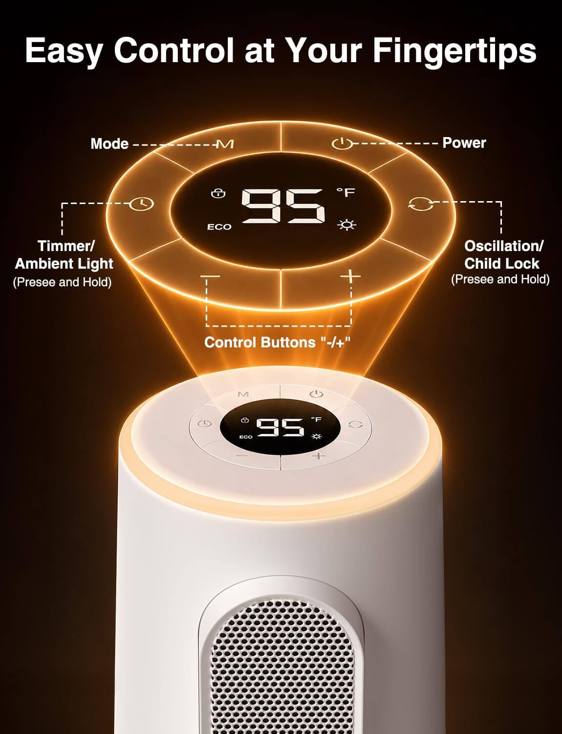 Easy Control at Your Fingertips

Mode
Power
Timmer/ Ambient Light (Press and Hold)
Oscillation/ Child Lock (Press and Hold)
Control Buttons "-/+"

M
F ECO 95
