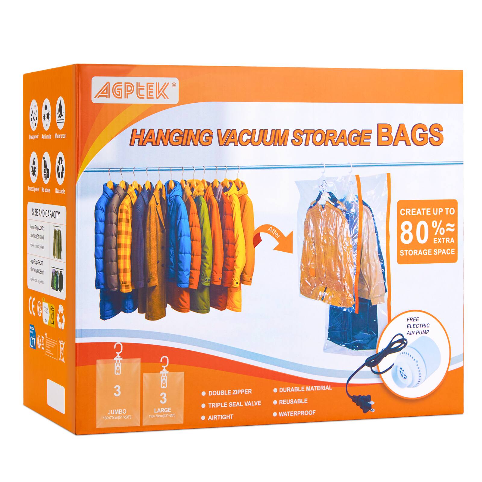 AGPEEK Hanging Vacuum Storage Bags

- Create up to 80% extra storage space
- 3 Jumbo (130x70cm)
- 3 Large (110x70cm)
- Double zipper
- Triple seal valve
- Airtight
- Durable material
- Reusable
- Waterproof
- Free electric air pump

Size and Capacity:
- Jumbo: 130x70cm (51x28")
- Large: 110x70cm (43x28")

Features:
- Dustproof
- Anti-mold
- Waterproof
- Moisture-proof
- Insect-proof
- Reusable

CE certified
