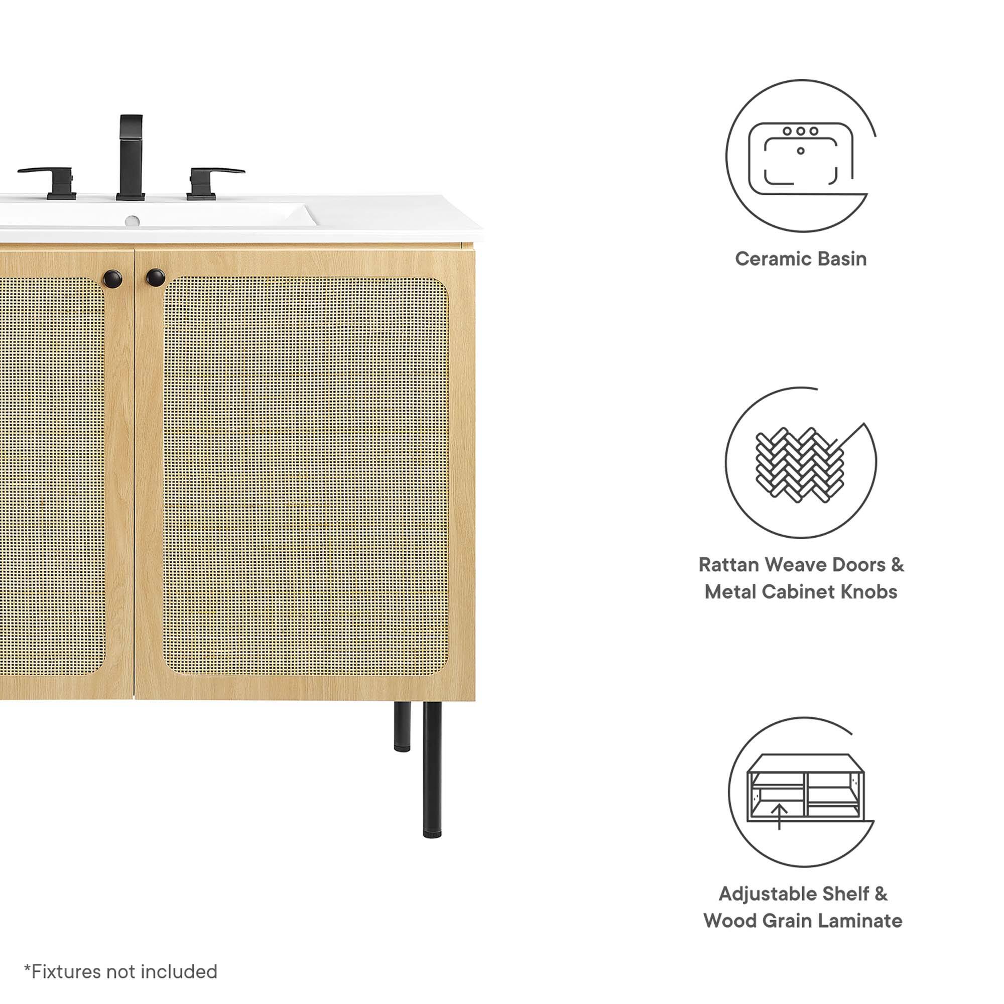 Ceramic Basin  
Rattan Weave Doors & Metal Cabinet Knobs  
Adjustable Shelf & Wood Grain Laminate  

*Fixtures not included