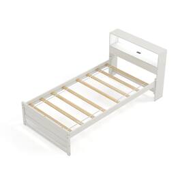 Costway - Twin Size Wooden Bed Frame w/ Charging Station & LED Light Storage Headboard - White