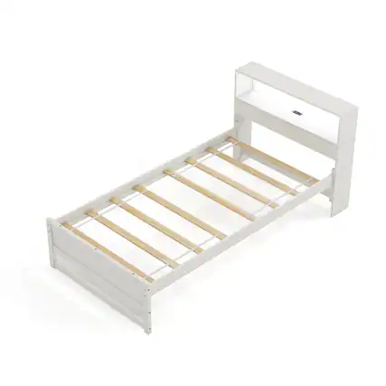 Front. Costway - Costway Twin Size Wooden Bed Frame w/ Charging Station & LED Light Storage Headboard - White.