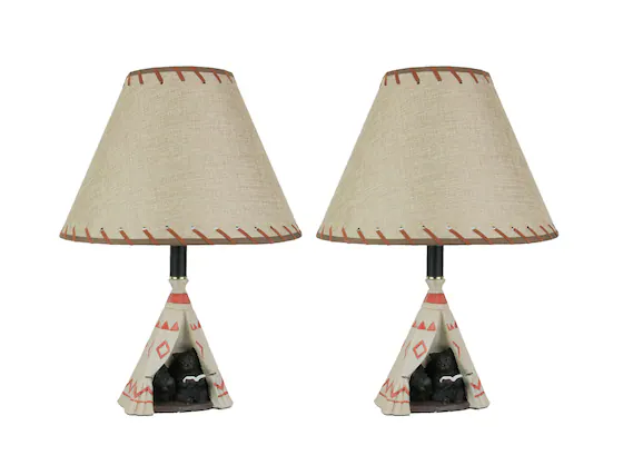 Front. Things2Die4 - Set of 2 Resin Mama Bear Reading Book To Cub in Teepee Tent Table Lamp Home - Brown.