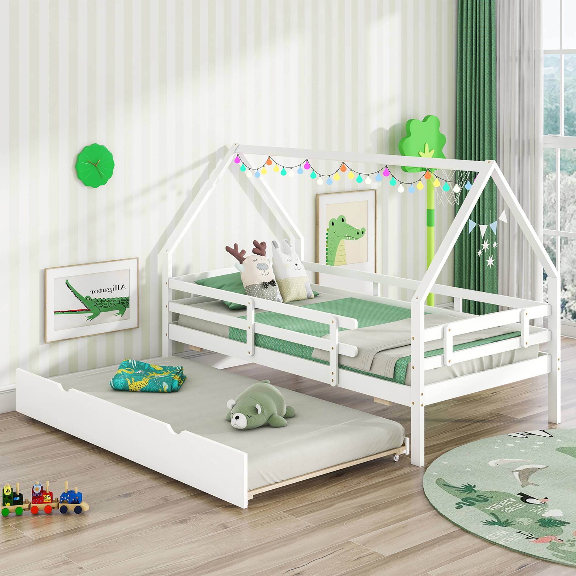 Alt View 9. Gymax - Gymax Twin Size House Bed w/ Trundle Wooden Kids Bed w/ Safety Rails & Decorable Roof White - White.