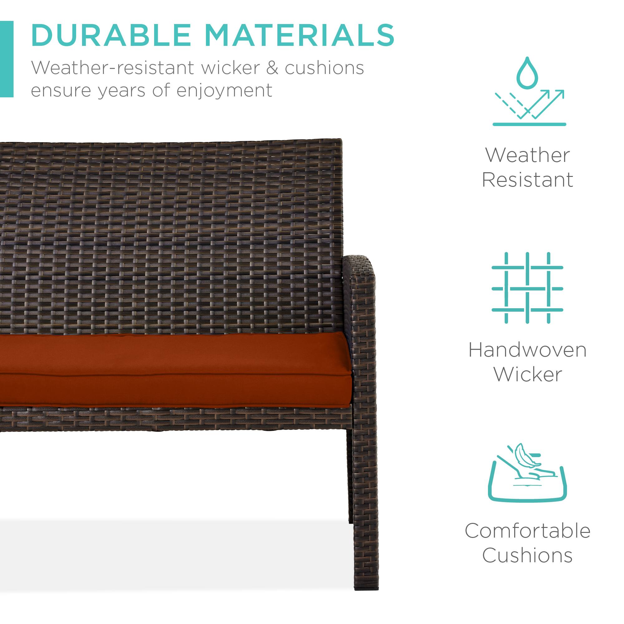 DURABLE MATERIALS  
Weather-resistant wicker & cushions ensure years of enjoyment  

Weather Resistant  
Handwoven Wicker  
Comfortable Cushions