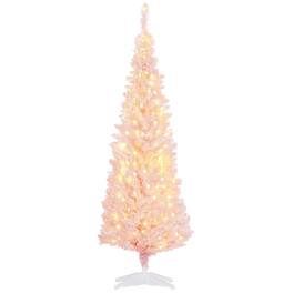 BreeBe - 5 ft Tall Pre-Lit Slim Noble Fir Artificial Christmas Tree with 160 Warm White LED Lights and 294 Tips - Pink