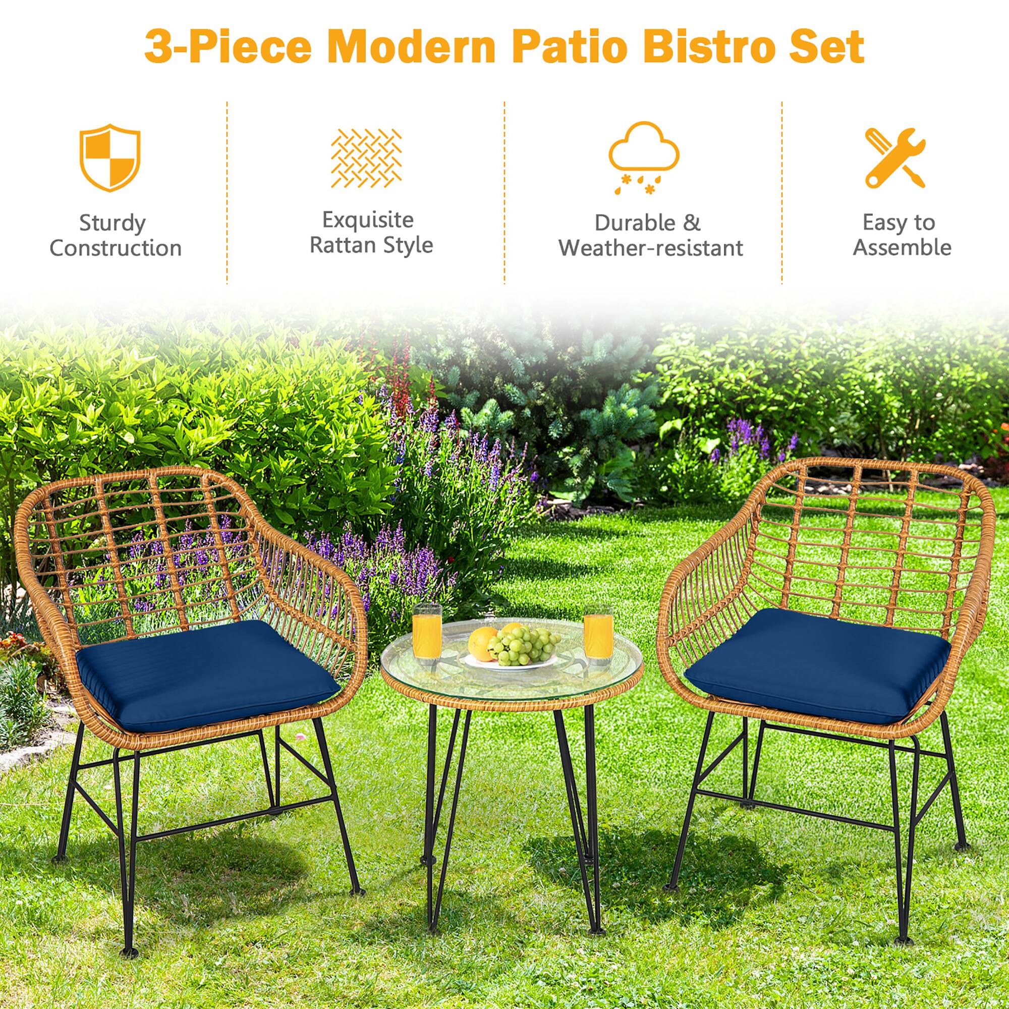3-Piece Modern Patio Bistro Set

- Sturdy Construction
- Exquisite Rattan Style
- Durable & Weather-resistant
- Easy to Assemble