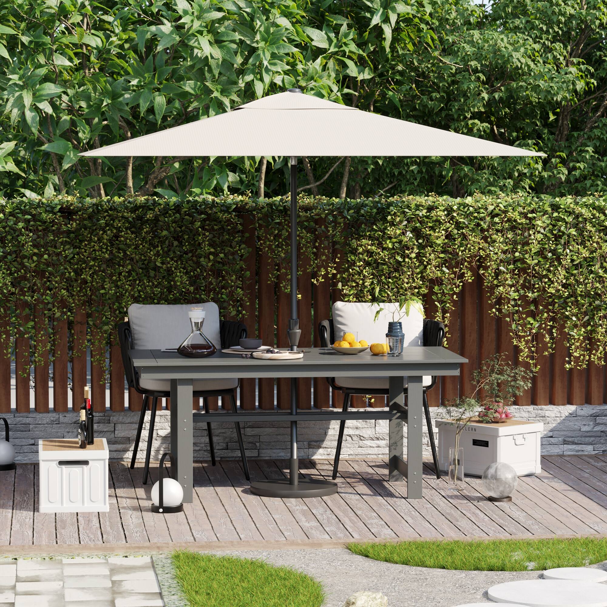 Back. Famapy - HDPE Outdoor Dining Table with Umbrella Hole & Cap - Solid Panel Patio Table for Garden, Backyard, Poolside - Gray.