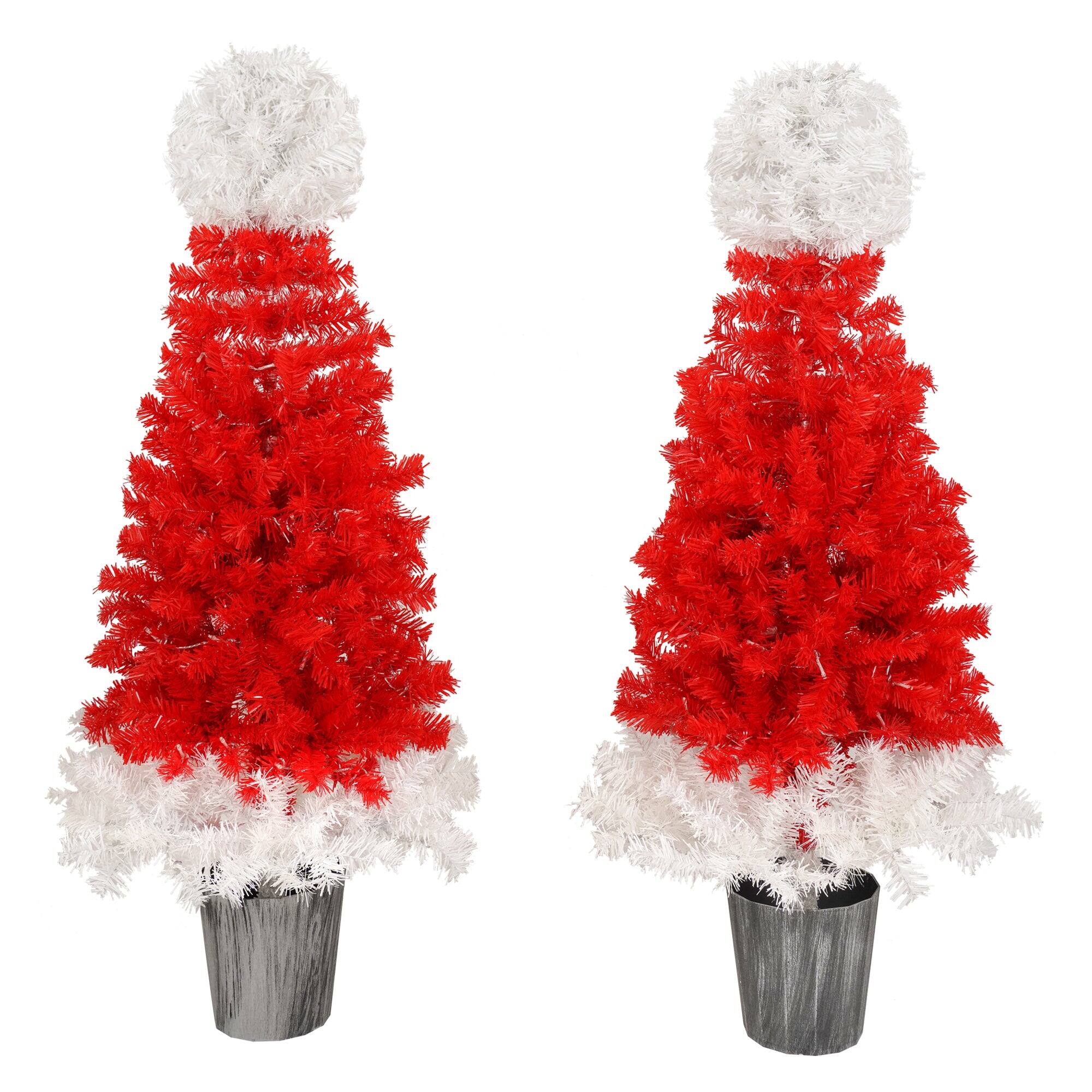 Alt View 5. BreeBe - Lighted  Santa Hat Style Christmas Tree Set of 2, 4ft Artificial Tree with Warm White Lights - Red,White.