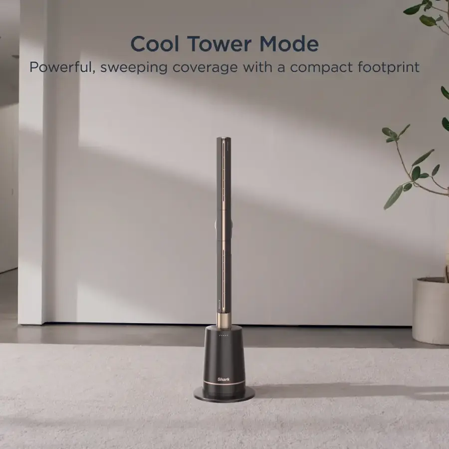 The text on the image reads "Cool Tower Mode Powerful, sweeping coverage with a compact footprint I Shark." This text describes the features of the product, which is a vacuum cleaner. The "Cool Tower Mode" suggests that the vacuum has a cooling function, while the "Powerful, sweeping coverage with a compact footprint" highlights its effectiveness and size. The "I Shark" branding indicates that the product is made by the company Shark.
