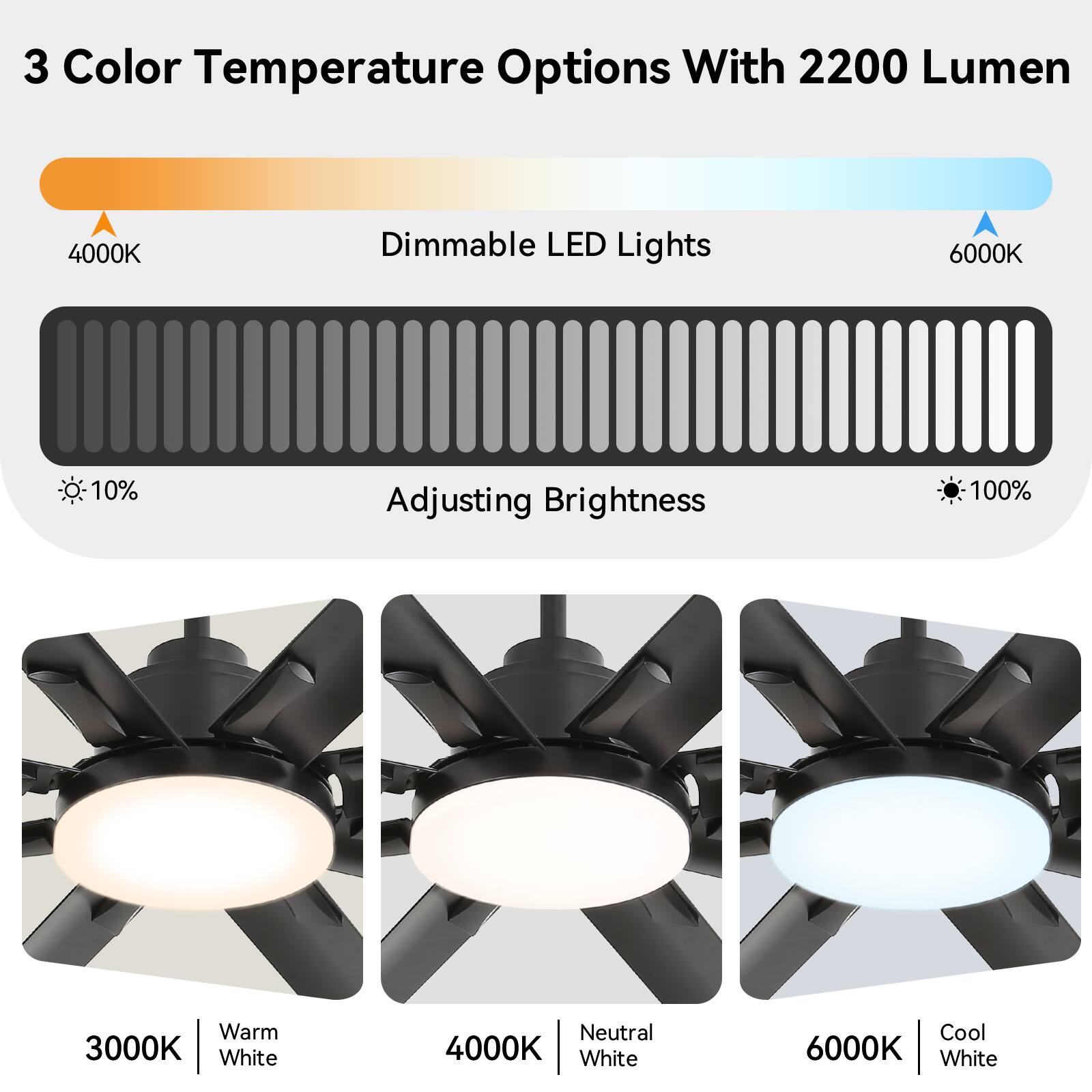 3 Color Temperature Options With 2200 Lumen

Dimmable LED Lights

Adjusting Brightness

3000K Warm White

4000K Neutral White

6000K Cool White