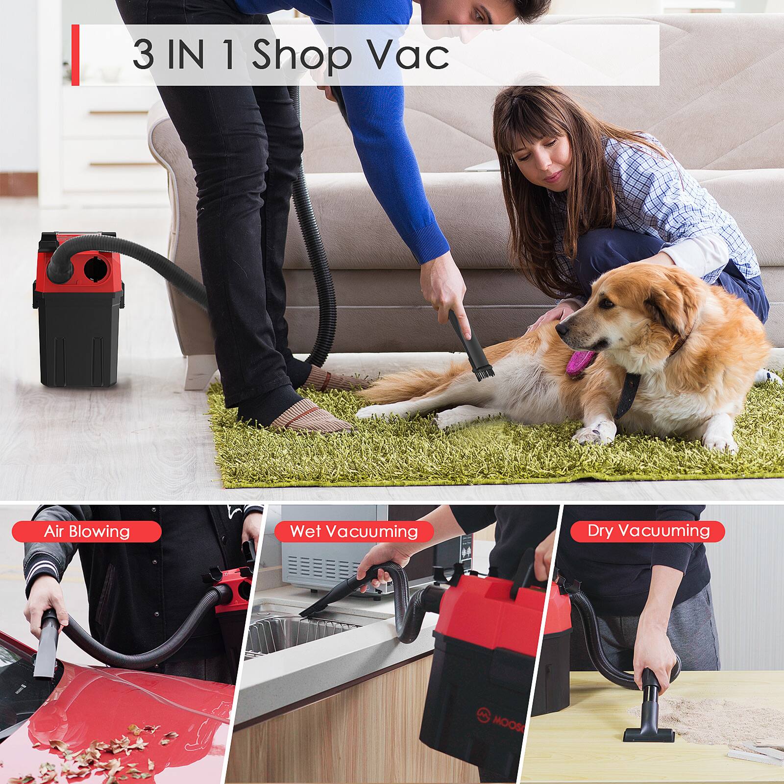 3 IN 1 Shop Vac
Air Blowing
Wet Vacuuming
Dry Vacuuming
MOOS