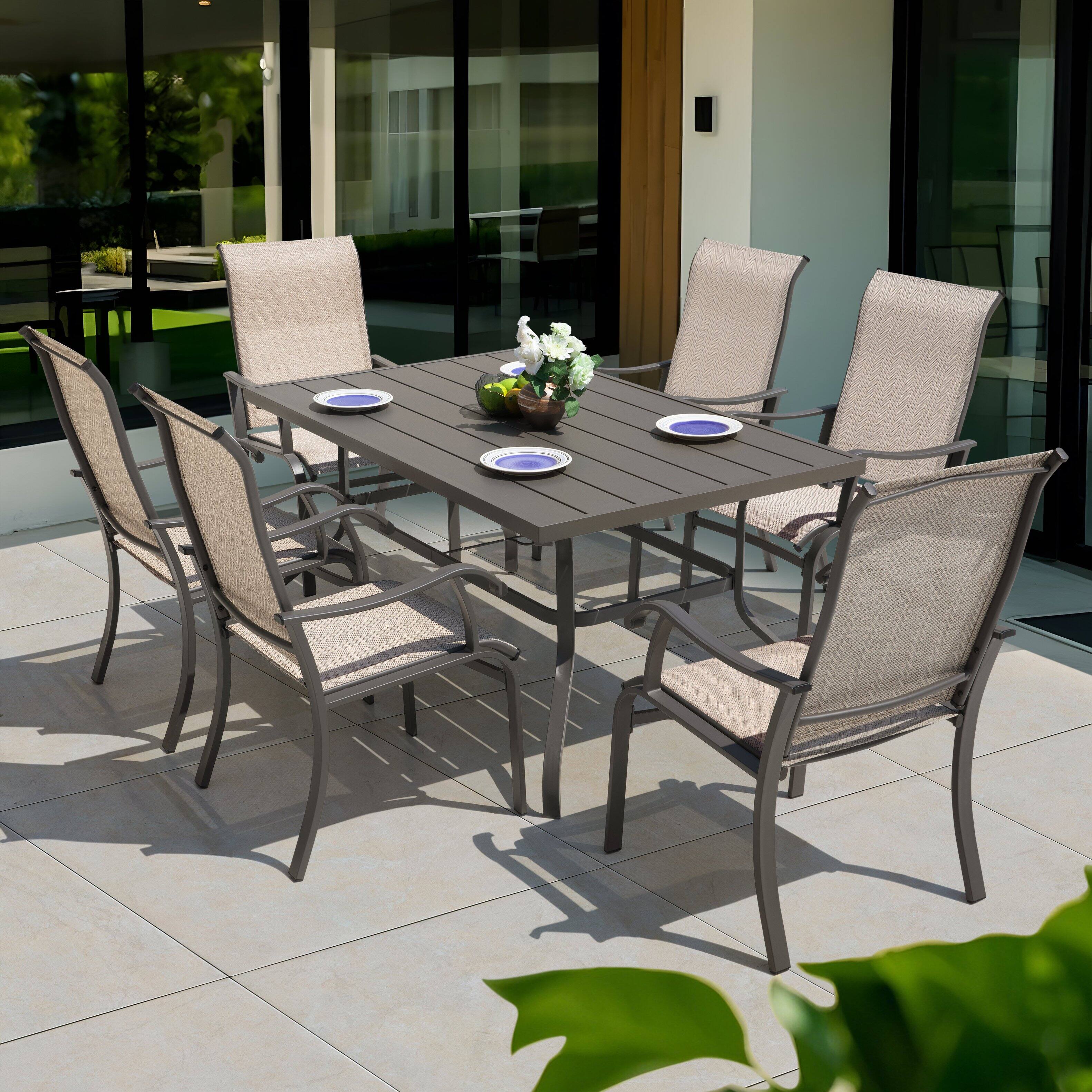 Alt View 7. Nuu Garden - Patio Metal Textilene Dining Set of 7 with Umbrella Hole and High Backrest - Beige and Gray.
