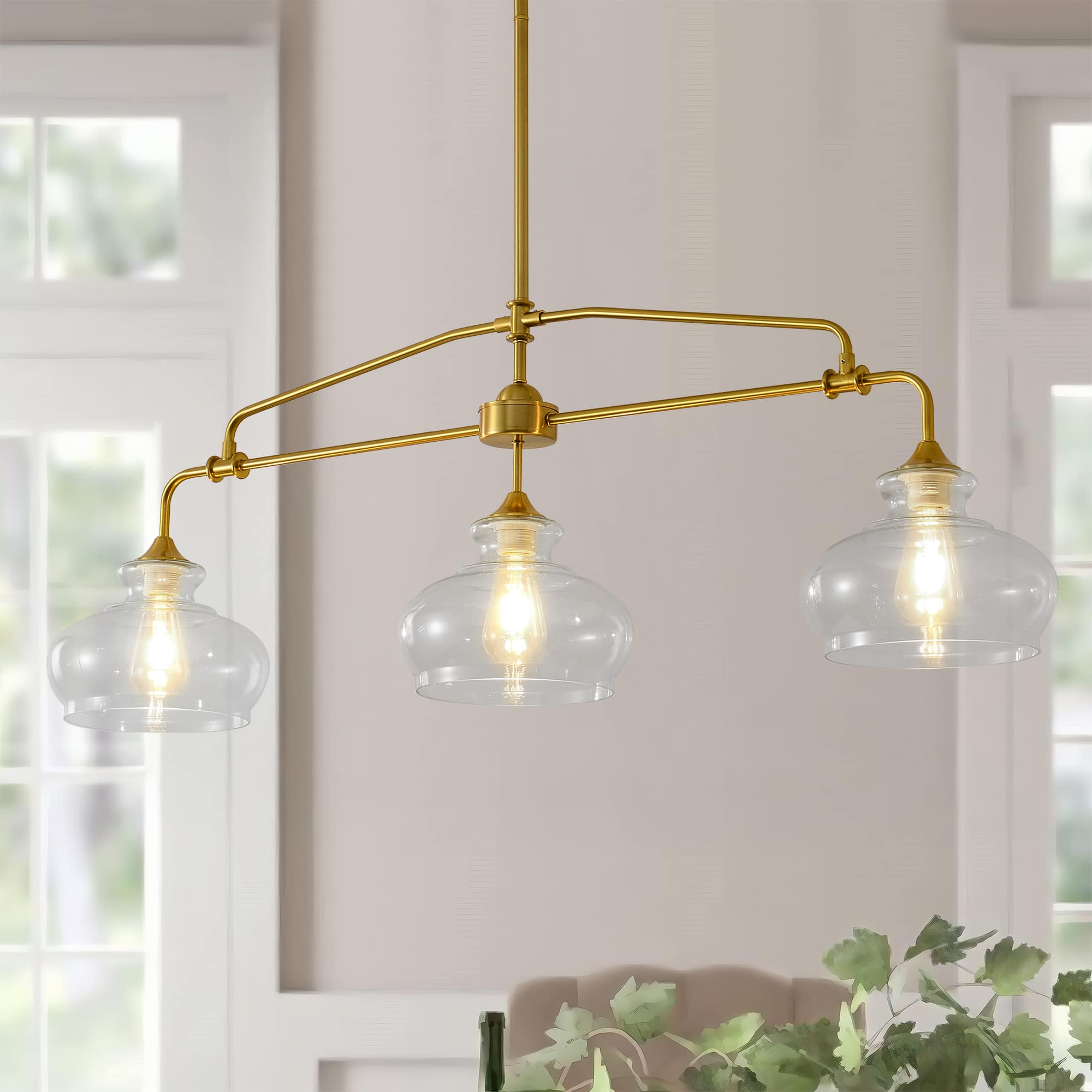 Front. RYHNUYNE - 3-Light Adjustable Brass Kitchen Island Pendant Light with Clear Glass Shades Dimmable Farmhouse Chandelier.