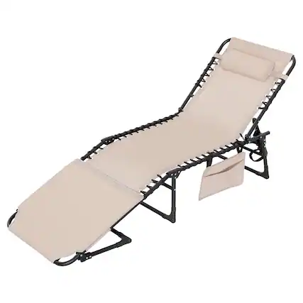 Front. Nuu Garden - Folding Textilene and Steel Outdoor Lounge Chair with 5-Position Adjustable Backrest, Face Hole and Pillow - Khaki and Black.