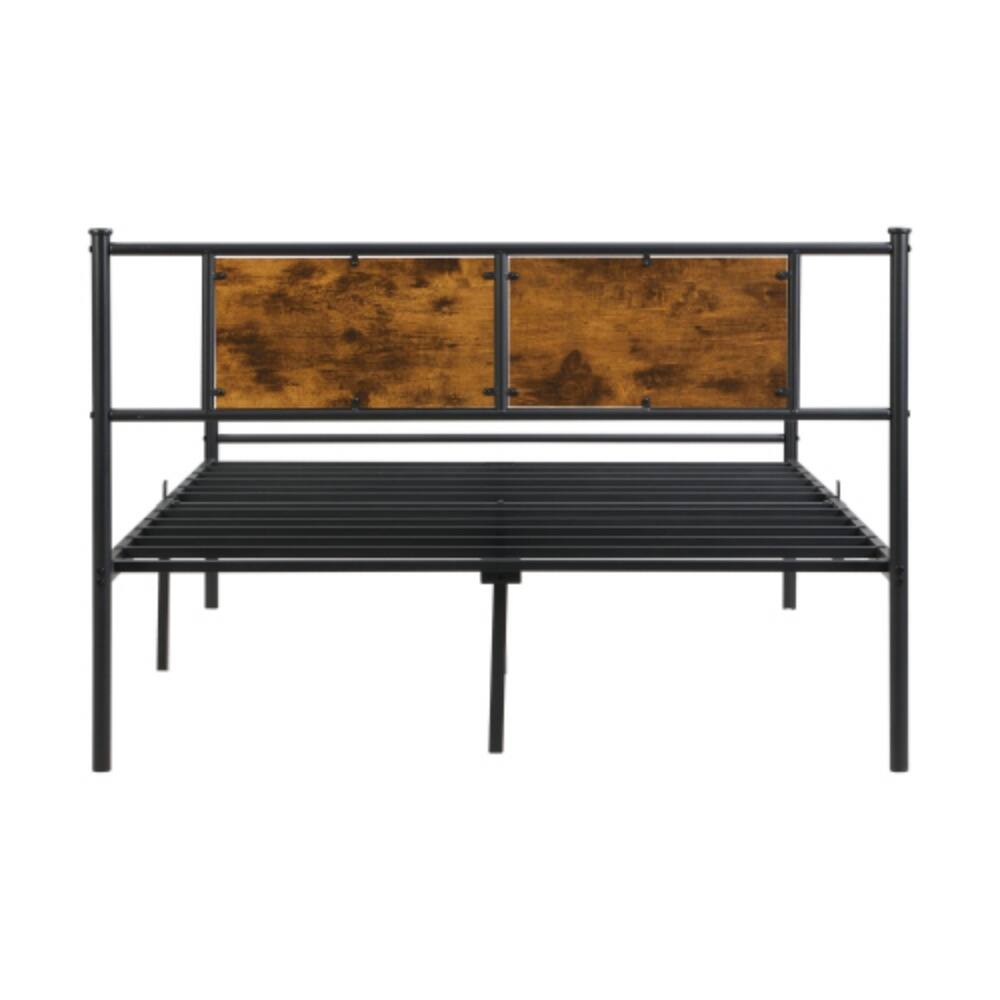 Left. LUCKY ONE - Full Size Metal Bed Frame with Wood Panel Headboard, Steel Structure, No Box Spring Needed, 10.8in Under-Bed Storage - Black+Brown.