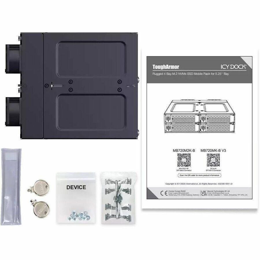 ToughArmor ICY DOCK Rugged 4 Bay M.2 NVMe SSD Mobile Rack for 5.25" Bay  
MB720M2K-B  
MB720MK-B V3  

DEVICE  

Copyright © ICY DOCK International. All Rights Reserved.  
CE  
RoHS Compliant  
Made in China  

Scan QR code for more product information  
MB720M2K-B  
MB720MK-B V3  

CE  
UK  
CA